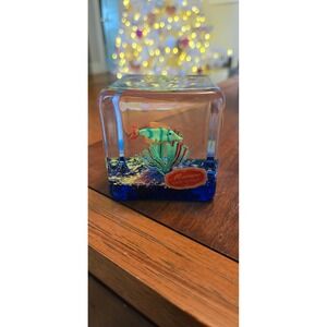 Murano Glass Aquarium Paperweight Fish Coral Blue Base Made Italy 3in Cube